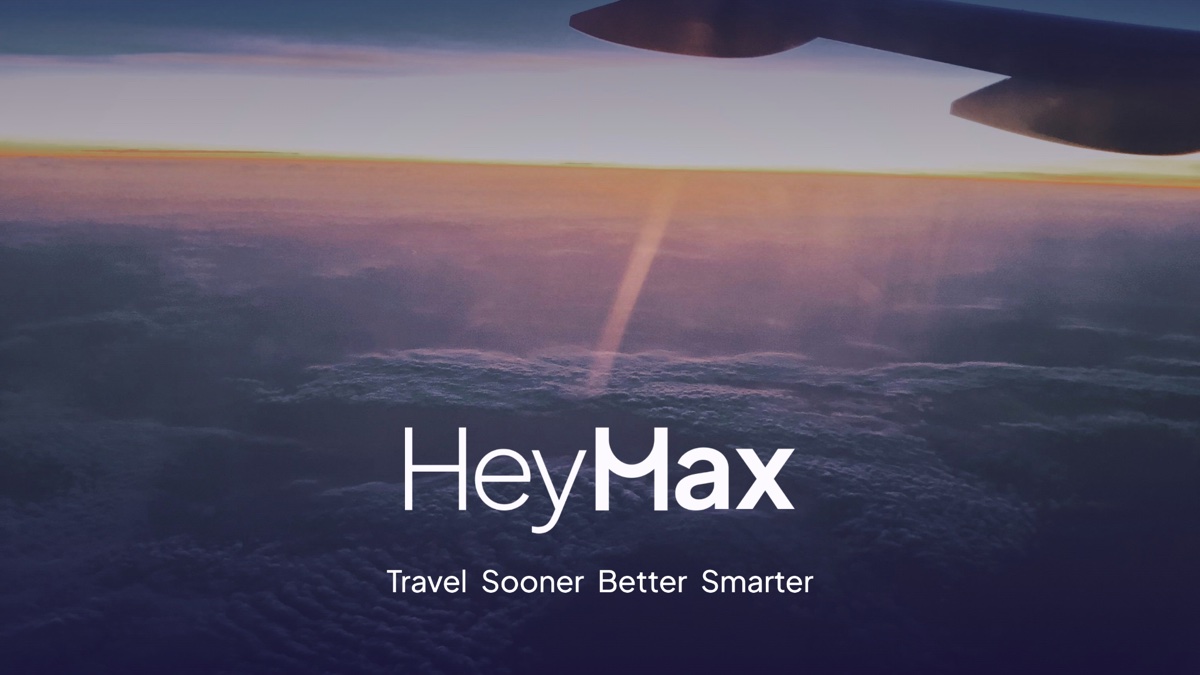 HeyMax wordmark over an airplane wing and sunset horizon